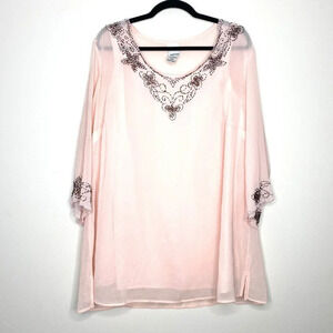 Roaman's 20W Pink Beaded Sheer Blouse with Attached Cami 3/4 Sleeves Plus Size